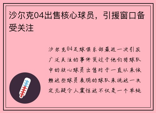 沙尔克04出售核心球员，引援窗口备受关注